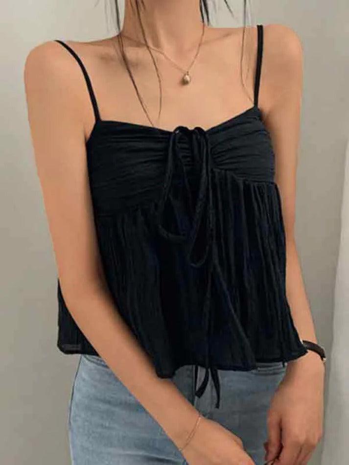 Solid Color Pleated Lace Up Cami Top - AnotherChill