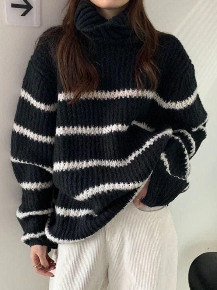 2024 Turtleneck Striped Knit Sweater Black ONE SIZE in Sweaters Online ...