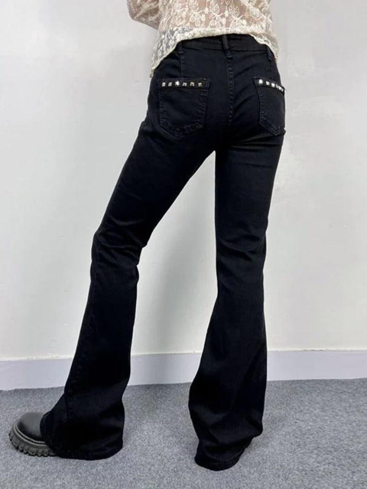 Low Rise Studded Elastic Flare Jeans - AnotherChill