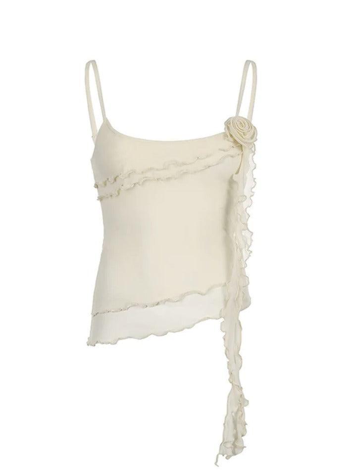 Irregular Ruffle Splice Flower Decor Mesh Cami Top - AnotherChill