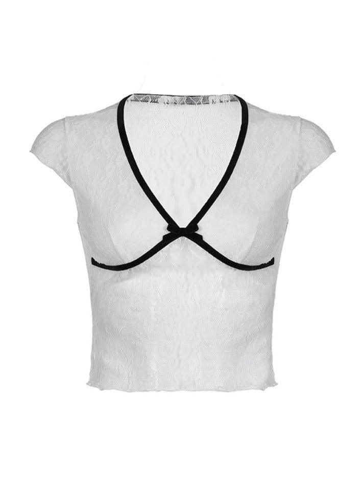 Lace Bow Splice V Neck Short Sleeve Tee - AnotherChill