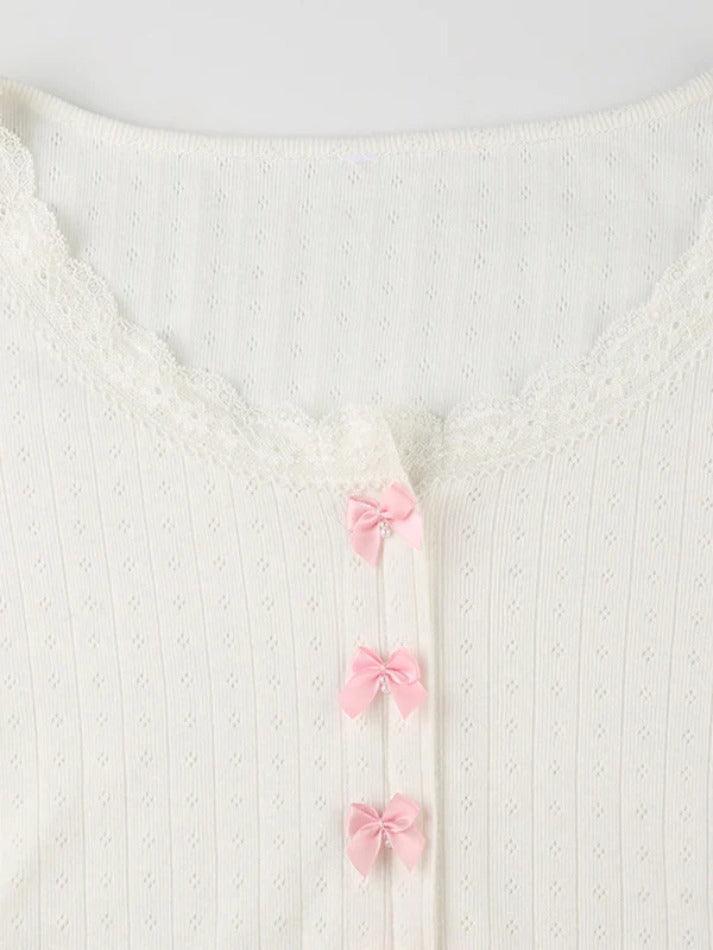 Lace Trim Bow Decor Crop Long Sleeve Knit - AnotherChill