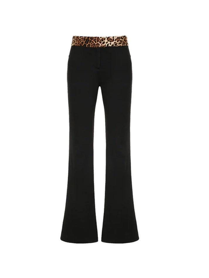 Leopard Splice Elastic Waist Flare Leg Pants - AnotherChill