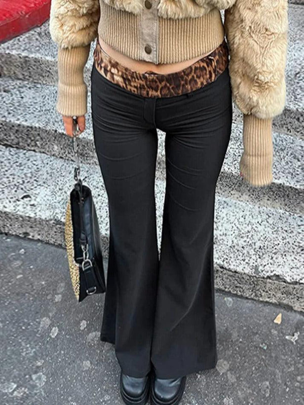 Leopard Splice Elastic Waist Flare Leg Pants - AnotherChill