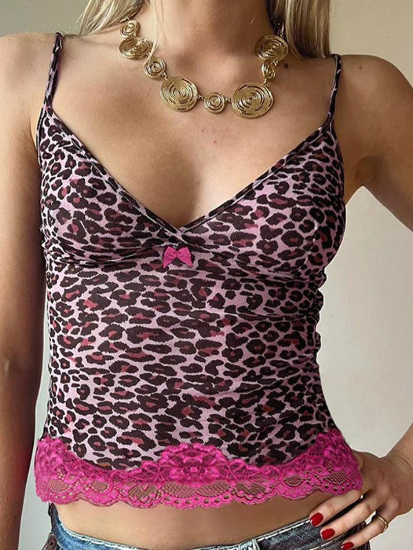 Personalized leopard print lace stitching Cami Top - AnotherChill