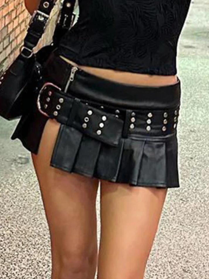 Punk Rivet Belted Pleated Slit Leather Mini Skirt - AnotherChill