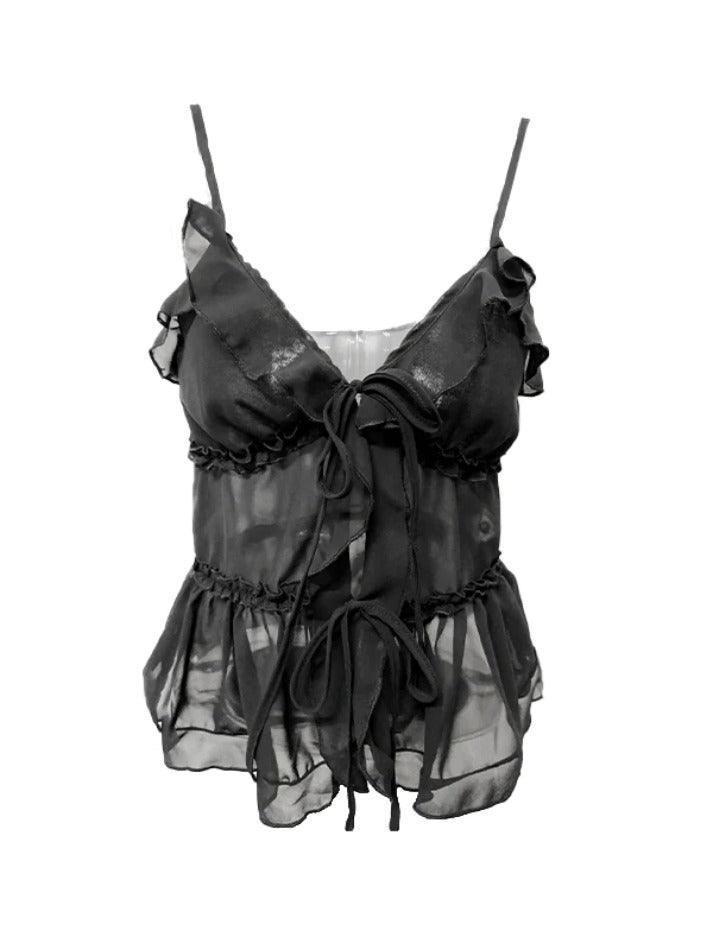 See Through Ruffled Trim Tie Up Cami Top - AnotherChill