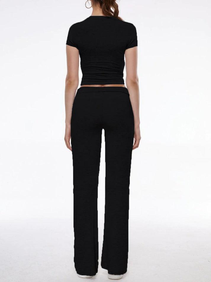 Short Sleeve Cropped Top Straight Leg Pants Set - AnotherChill