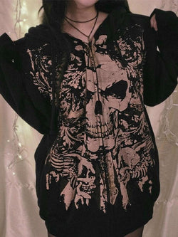 Skull Print Zip Up Oversized Hoodie - AnotherChill