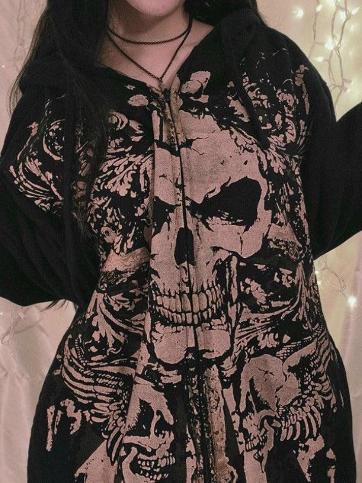 Skull Print Zip Up Oversized Hoodie - AnotherChill