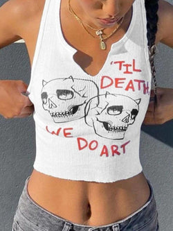 Skull Ribbed Cropped Tank Top - AnotherChill