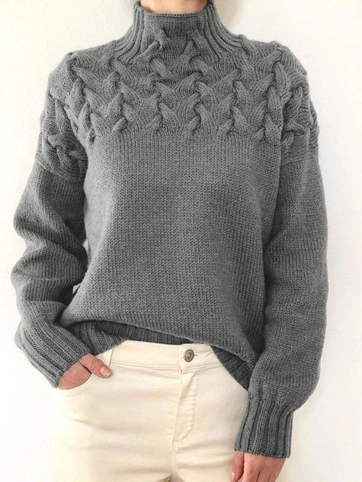 Solid Cable Knit Splice Turtleneck Sweater - AnotherChill