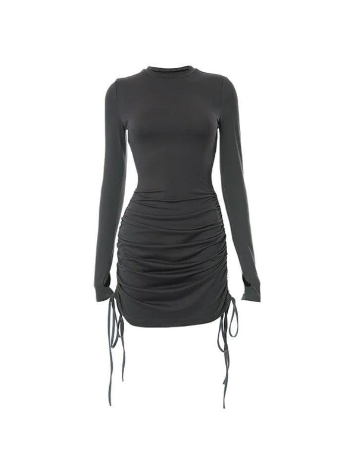 Solid Crew Neck Drawstring Shirred Mini Dress - AnotherChill