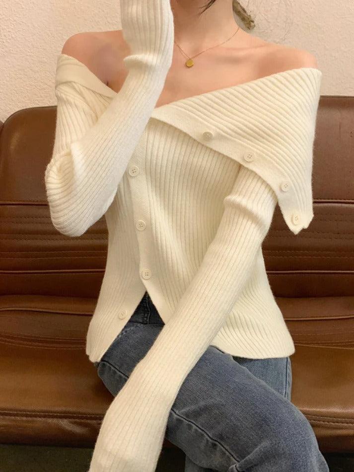 Solid Irregular Lapel Neck Off Shoulder Long Sleeve Knit - AnotherChill