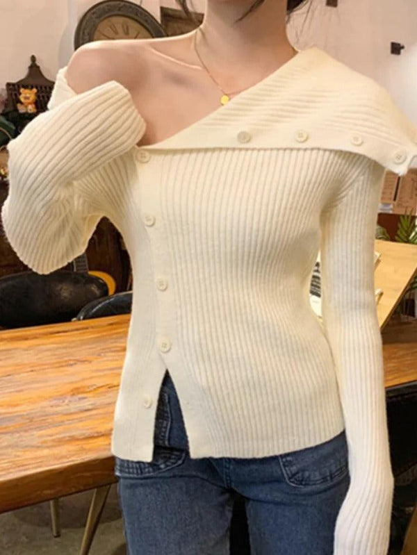 Solid Irregular Lapel Neck Off Shoulder Long Sleeve Knit - AnotherChill