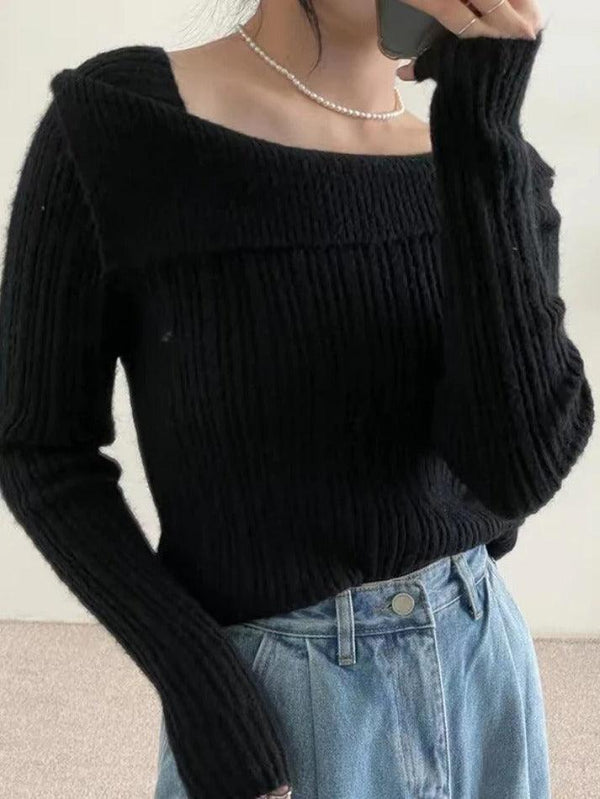 Solid Lapel Neck Slim Knit Sweater - AnotherChill