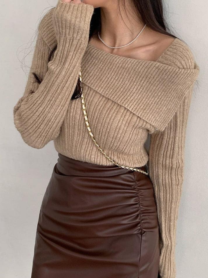 Solid Lapel Neck Slim Knit Sweater - AnotherChill