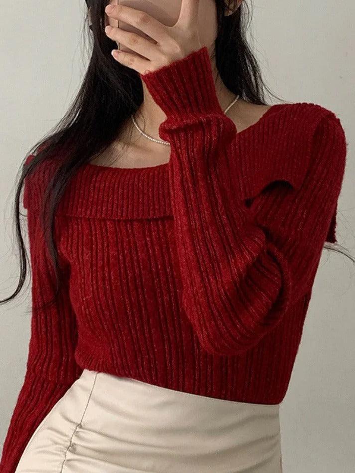 Solid Lapel Neck Slim Knit Sweater - AnotherChill