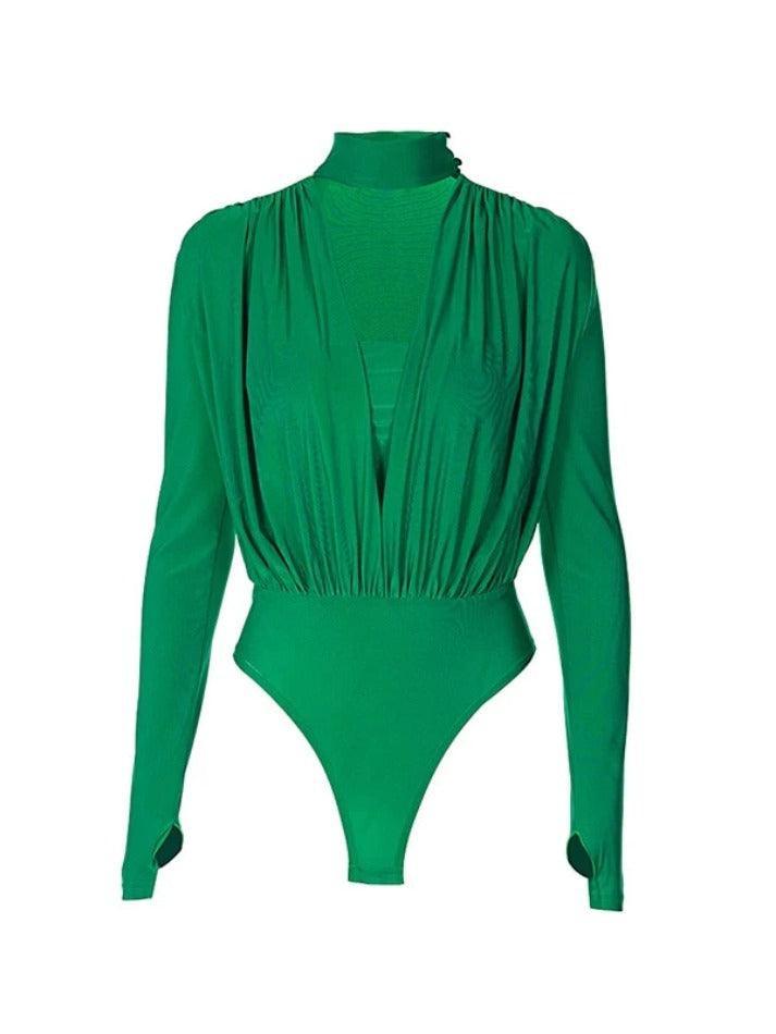 Solid Plunge Neck Splice Thumb Hole Bodysuits - AnotherChill