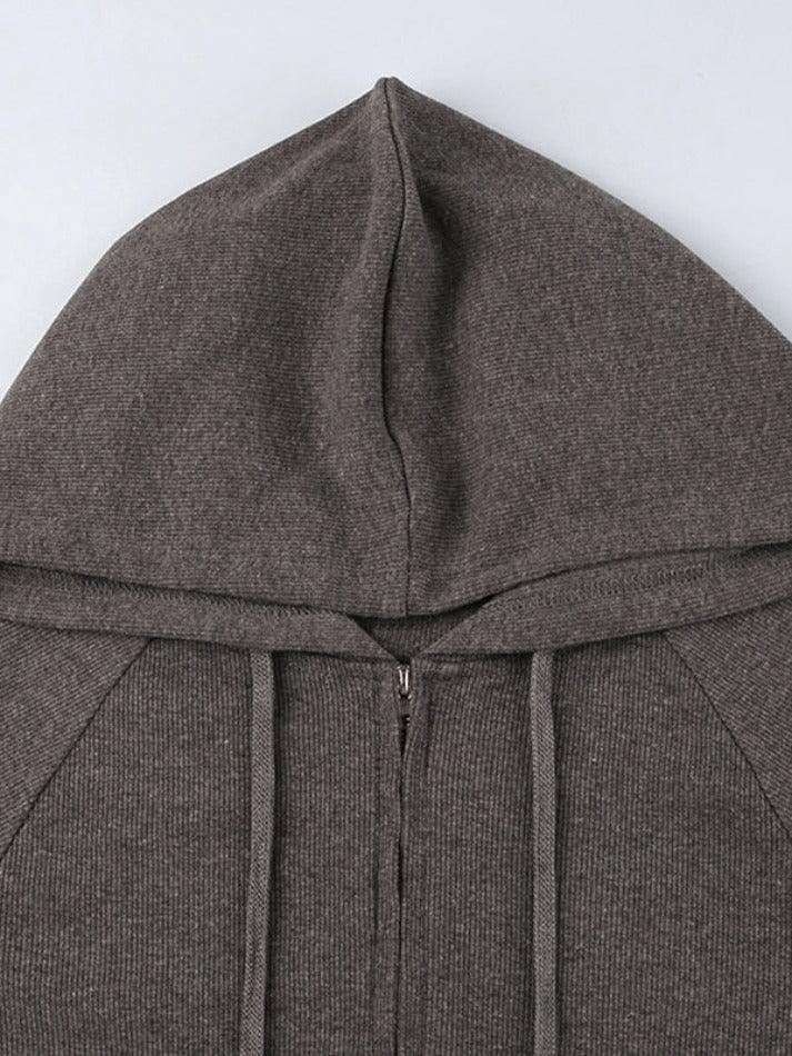 Solid Ribbed Zip Up Drawstring Hooded Long Sleeve Knit - AnotherChill