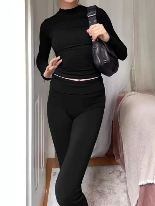 Solid Slim Long Sleeve Tee & Flare Leg Pants Set - AnotherChill