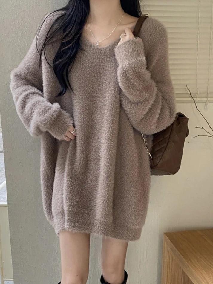 Solid V Neck Fuzzy Loose Sweater - AnotherChill