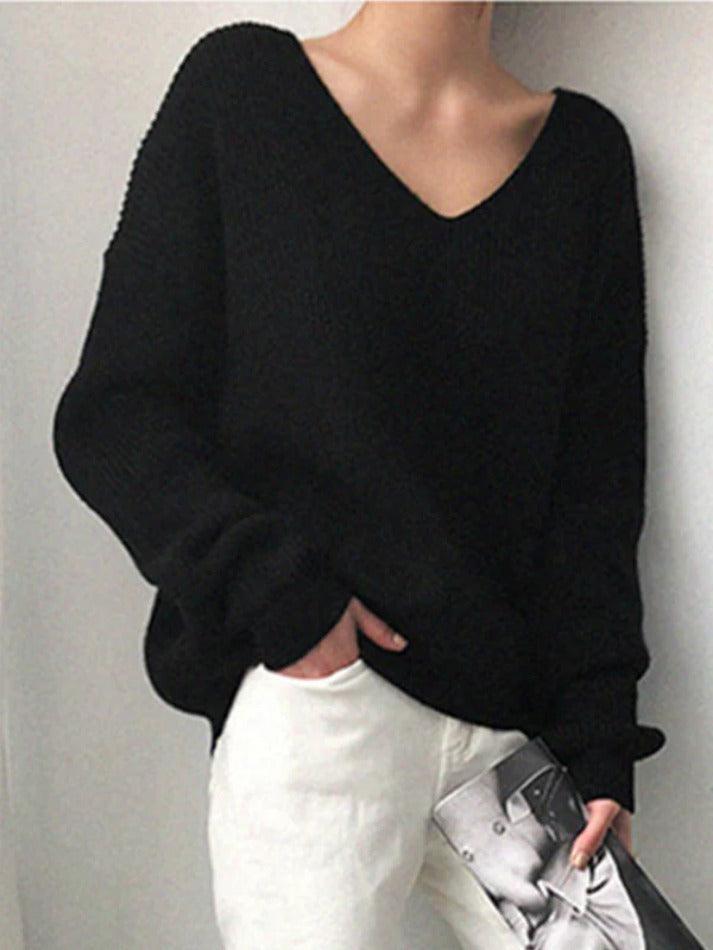 Solid V Neck Irregular Hem Baggy Knit Sweater - AnotherChill