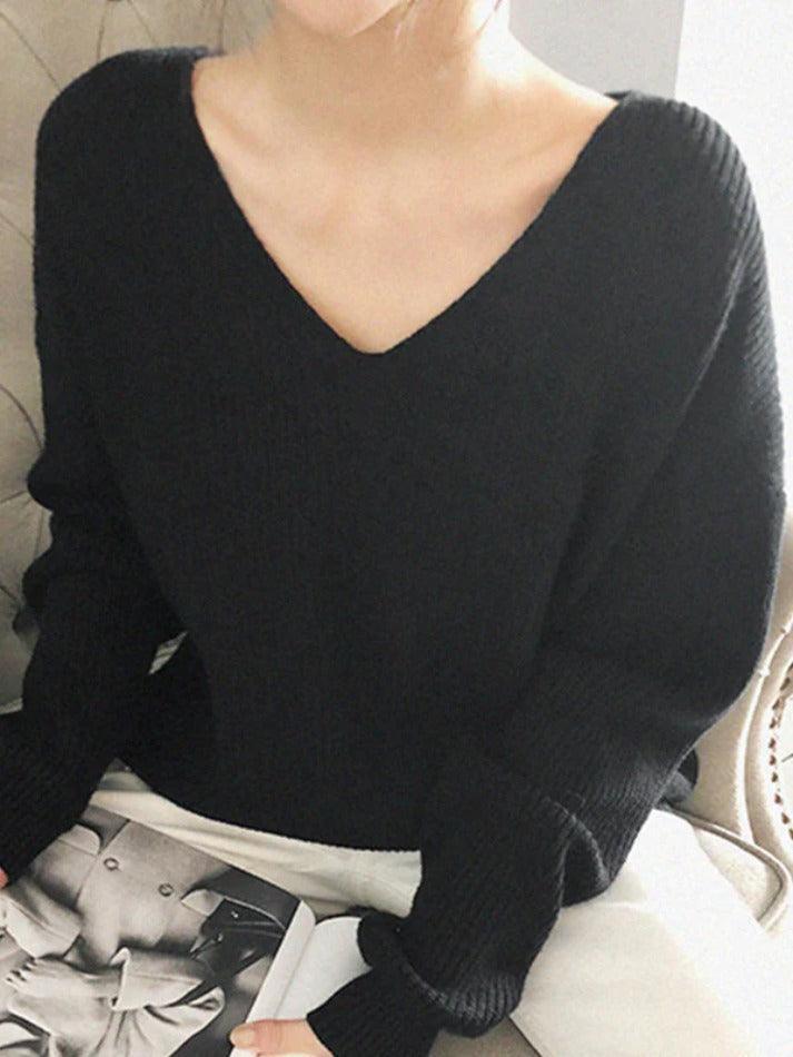 Solid V Neck Irregular Hem Baggy Knit Sweater - AnotherChill