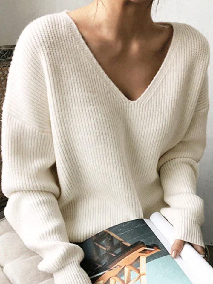 Solid V Neck Irregular Hem Baggy Knit Sweater - AnotherChill