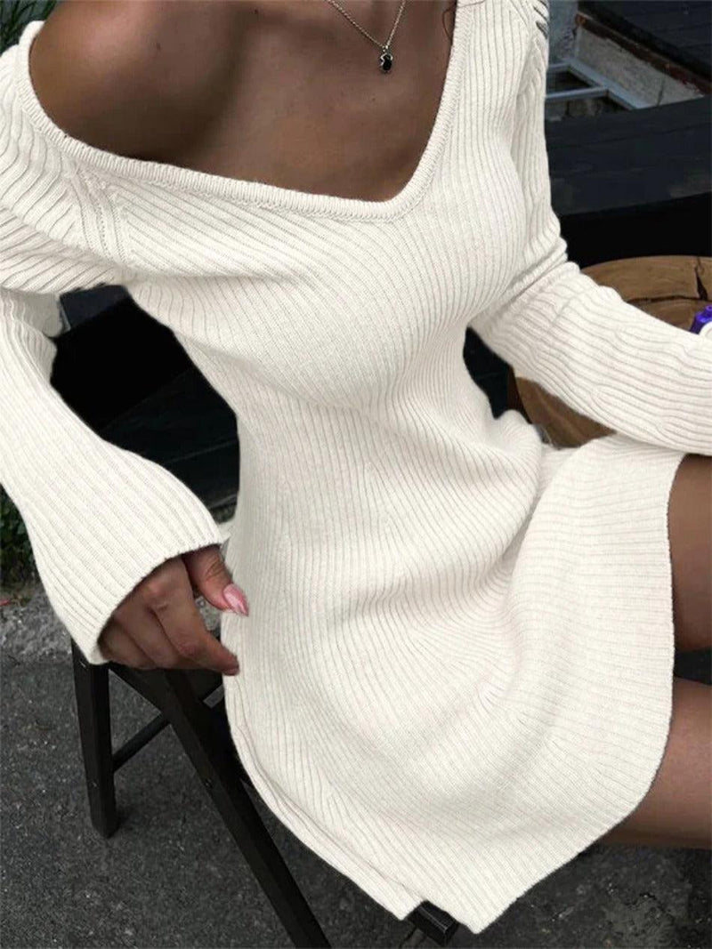 Solid V Neck Ribbed A-line Knit Mini Dress - AnotherChill