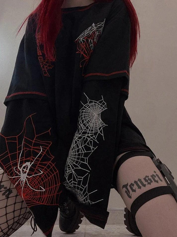 Spider Web Print Stitch Detail Oversized Long Sleeve Tee - AnotherChill