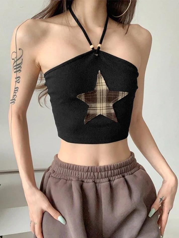 Star Patch Black Halter Crop Cami Top - AnotherChill