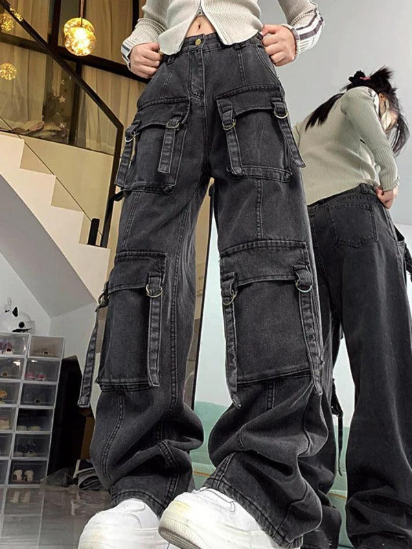 Street Multi Pocket High Rise Cargo Jeans - AnotherChill