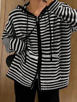 Striped Hooded Double Zip Knit Cardigan - AnotherChill