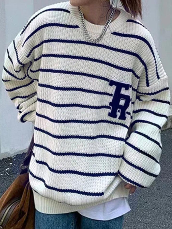 Striped Letter Embroidery Print Pullover Sweater - AnotherChill