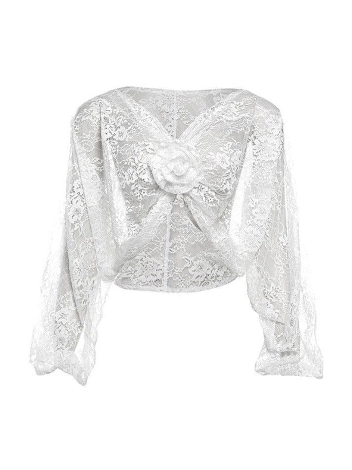 V Neck Lace Slit Long Sleeve Blouse - AnotherChill