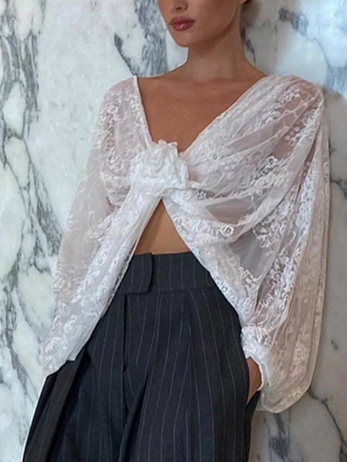 V Neck Lace Slit Long Sleeve Blouse - AnotherChill