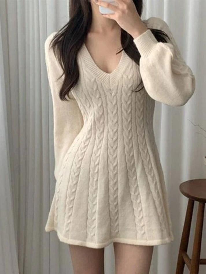 V Neck Long Sleeve Sweater Dress - AnotherChill