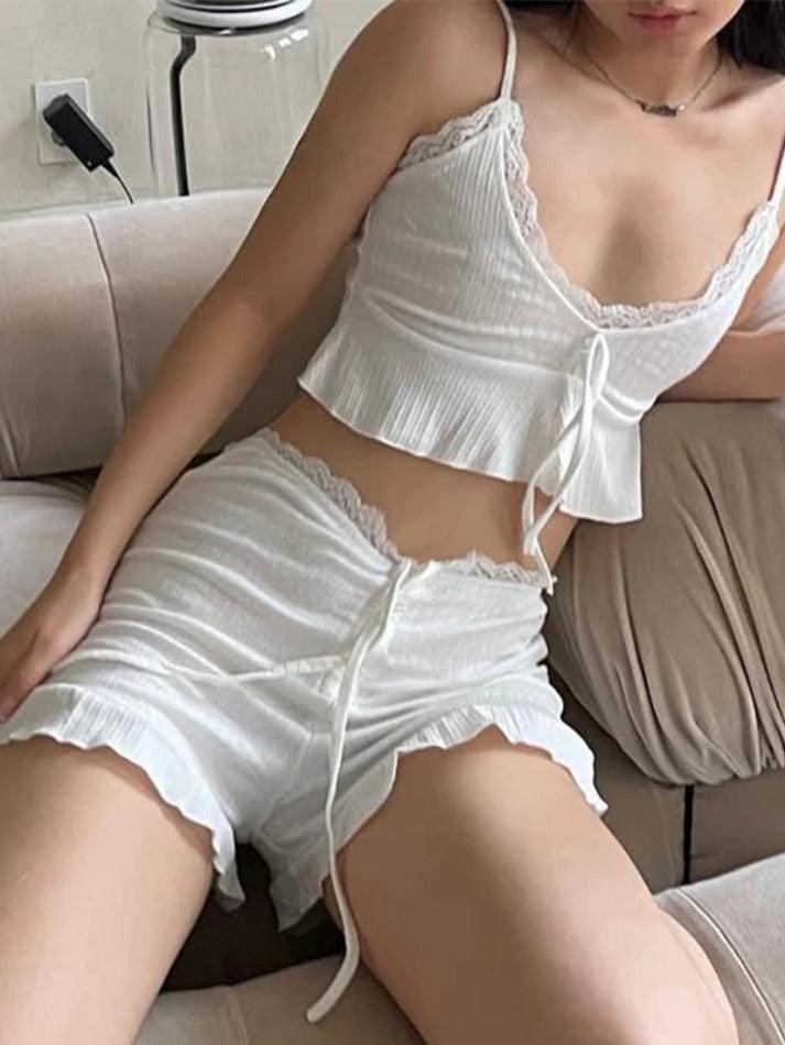 White Lace Trim Ruffle Lacing Lounge Set - AnotherChill